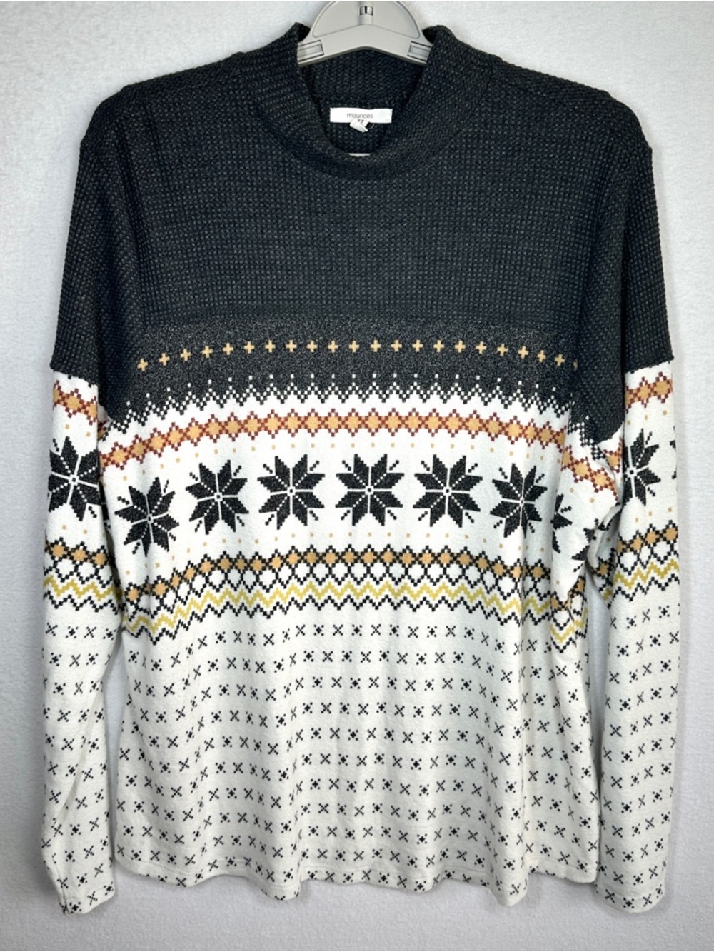 Maurices Fair Isle Sweater Top 0X 14W Gray Cream Snowflakes Lightweight Nordic